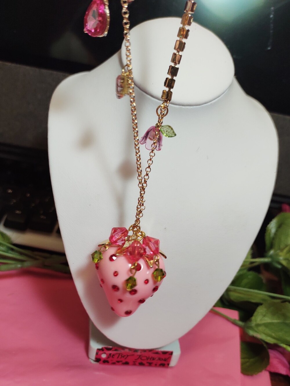 Betsey Johnson Pink Crystal Cherry Charm Necklace